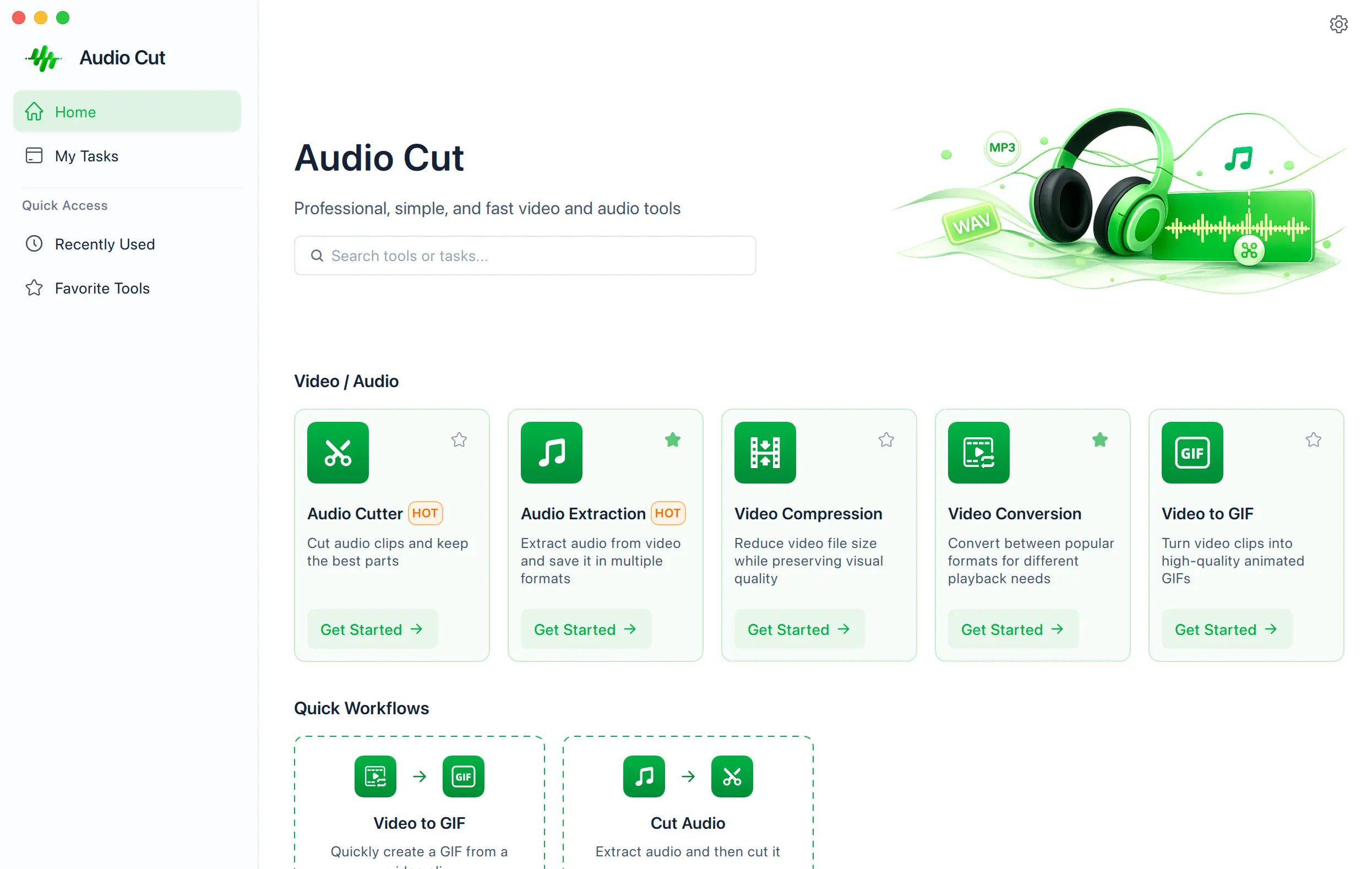 AudioCut Desktop-Arbeitsbereich mit lokalen Audio- und Videowerkzeugen